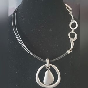 Boho black leather silver necklace pendant